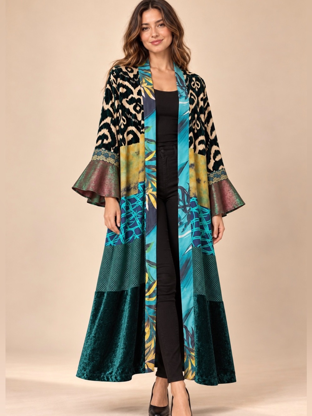 Sterling Styles Artsilk Patchwork Velvet Kimono Duster Jacket One Size Boho